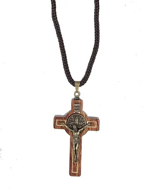 Catholica Shop Saint Benedict Medal Wood Crucifix Cord Necklace for Men & Women  Handcrafted Religious Pendant, Healing, Travel Protection, Perfect for Gifting on Special Occasions, Made in Brazil