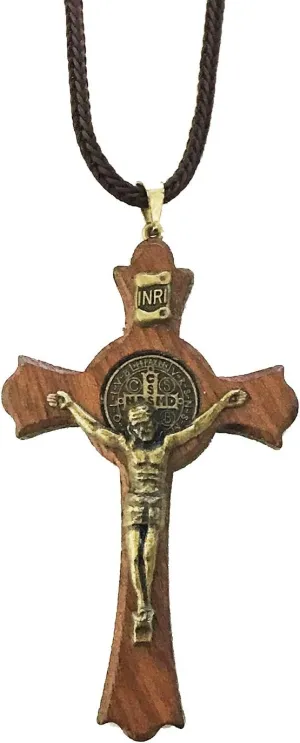 Catholica Shop Saint Benedict Medal Wood Crucifix Cord Necklace for Men & Women  Handcrafted Religious Pendant, Healing, Travel Protection, Perfect for Gifting on Special Occasions, Made in Brazil