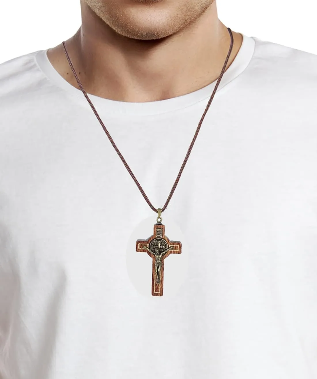 Catholica Shop Saint Benedict Medal Wood Crucifix Cord Necklace for Men & Women  Handcrafted Religious Pendant, Healing, Travel Protection, Perfect for Gifting on Special Occasions, Made in Brazil