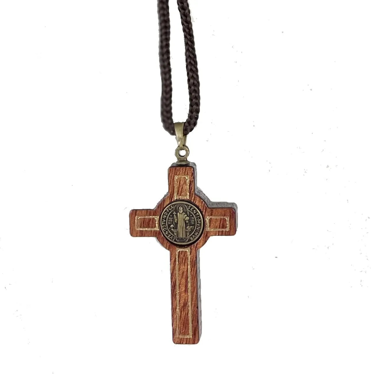 Catholica Shop Saint Benedict Medal Wood Crucifix Cord Necklace for Men & Women  Handcrafted Religious Pendant, Healing, Travel Protection, Perfect for Gifting on Special Occasions, Made in Brazil