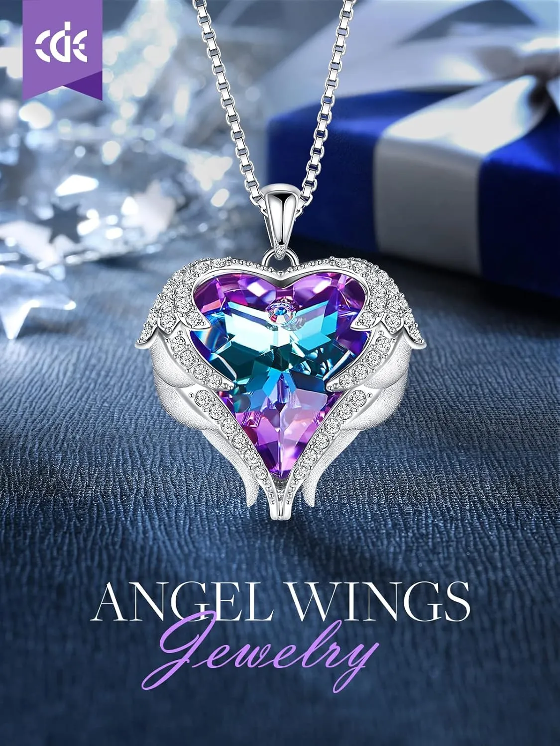 CDE Angel Wings Necklace for Women with Birthstone, Love Heart Silver Tone/Gold Tone Pendant, Ideal Anniversary or Birthday Jewelry Gifts for Wife Girlfriend Her