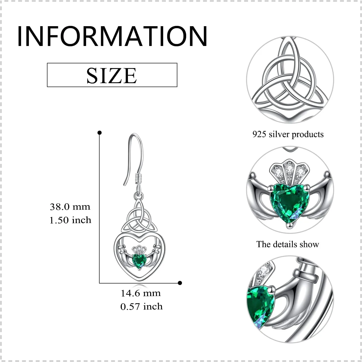 Celtic Earrings 925 Sterling Silver Baseball Claddagh Moonstone Sun Moon and Star Dangle Drop Earrings Irish Jewelry Gift for Women