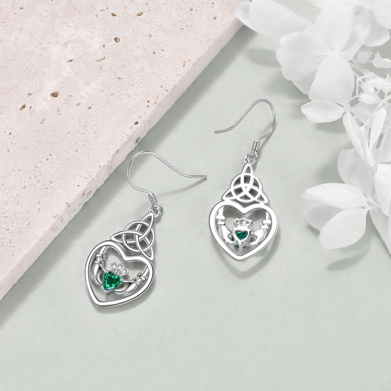 Celtic Earrings 925 Sterling Silver Baseball Claddagh Moonstone Sun Moon and Star Dangle Drop Earrings Irish Jewelry Gift for Women