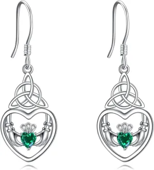 Celtic Earrings 925 Sterling Silver Baseball Claddagh Moonstone Sun Moon and Star Dangle Drop Earrings Irish Jewelry Gift for Women
