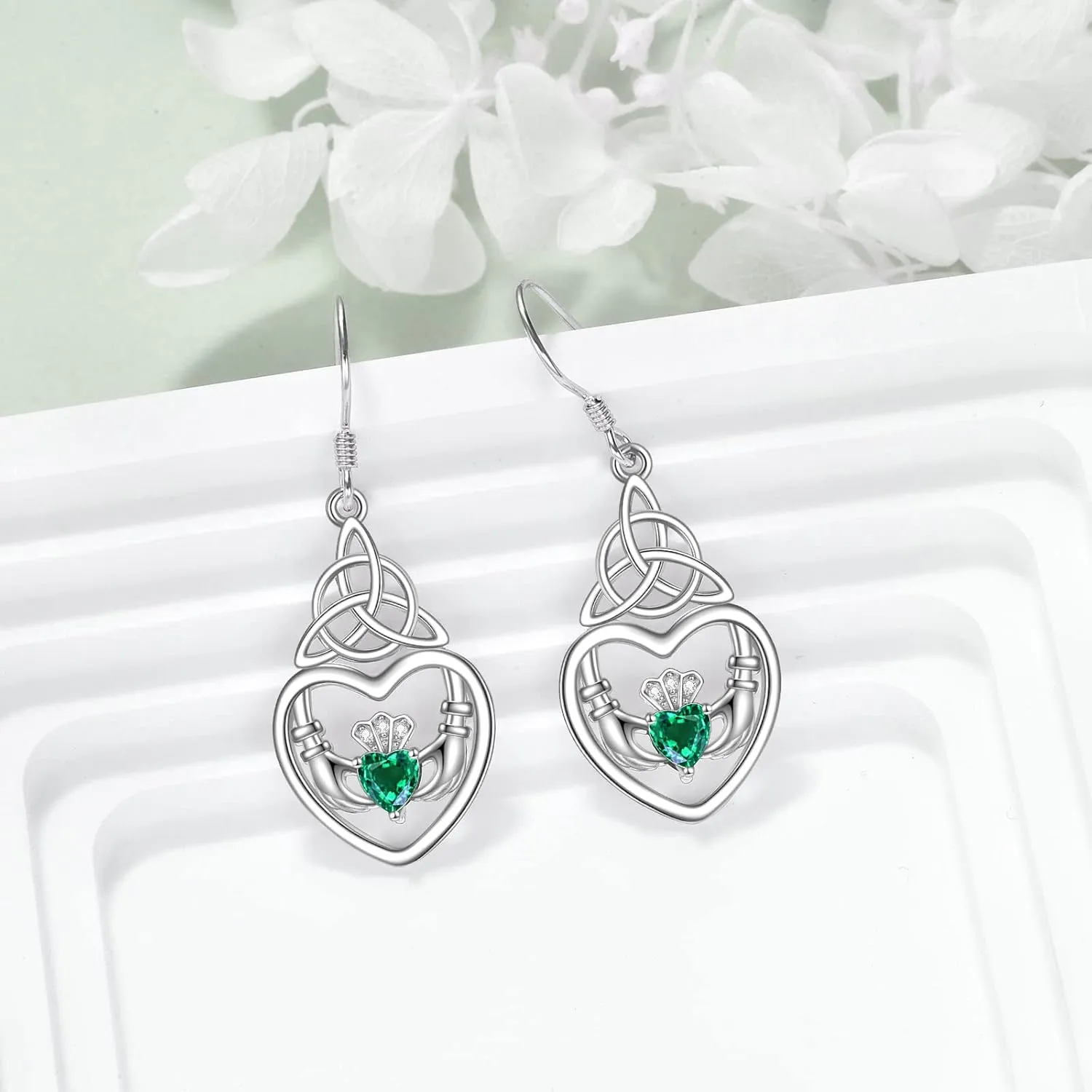 Celtic Earrings 925 Sterling Silver Baseball Claddagh Moonstone Sun Moon and Star Dangle Drop Earrings Irish Jewelry Gift for Women