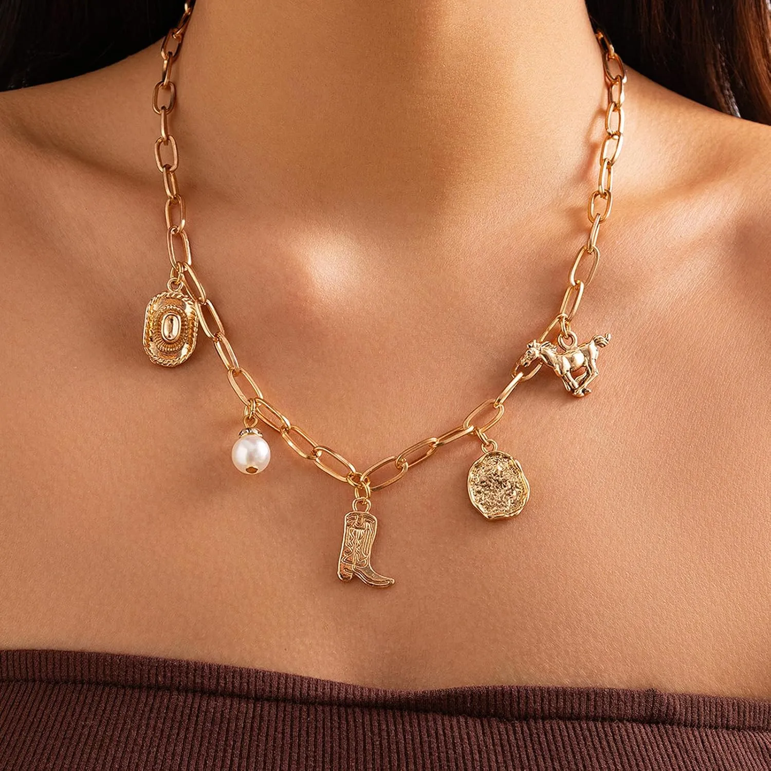 Charm Necklace Handmade Turquoise Western Jewelry for Women Cowboy Boot Necklaces Dainty Gold Paperclip Chain Necklace Western Outfit for Women Country Concert Jewelry Cowgirl Accessories for Women