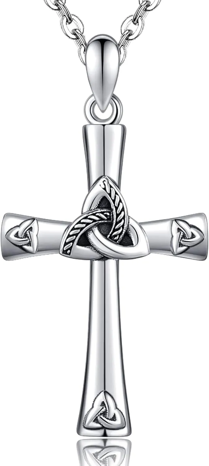 CHIC & ARTSY 925 Sterling Silver Cross Necklace Irish Claddagh Celtic Knot Pendant Necklace Dainty Christian Celtic Trinity Knot Cross Fine Jewelry For Grandma Mom Sister