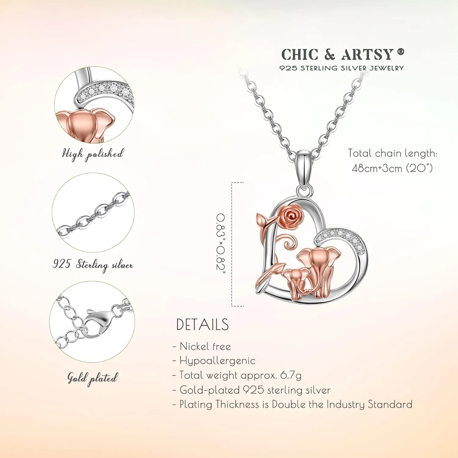 CHIC & ARTSY 925 Sterling Silver Good Luck Elephant Pendant Necklace Mother Lovely Animal with Loving Heart Necklace Fine Jewelry for Women Mom Wife Cable Chain 18"-20'' Inches