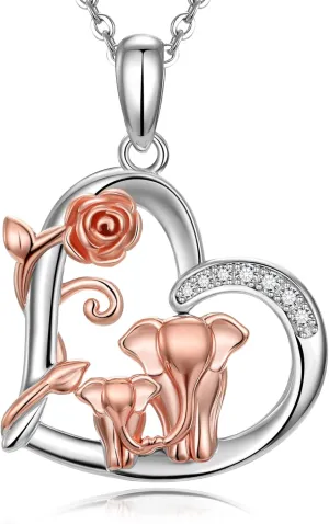 CHIC & ARTSY 925 Sterling Silver Good Luck Elephant Pendant Necklace Mother Lovely Animal with Loving Heart Necklace Fine Jewelry for Women Mom Wife Cable Chain 18"-20'' Inches