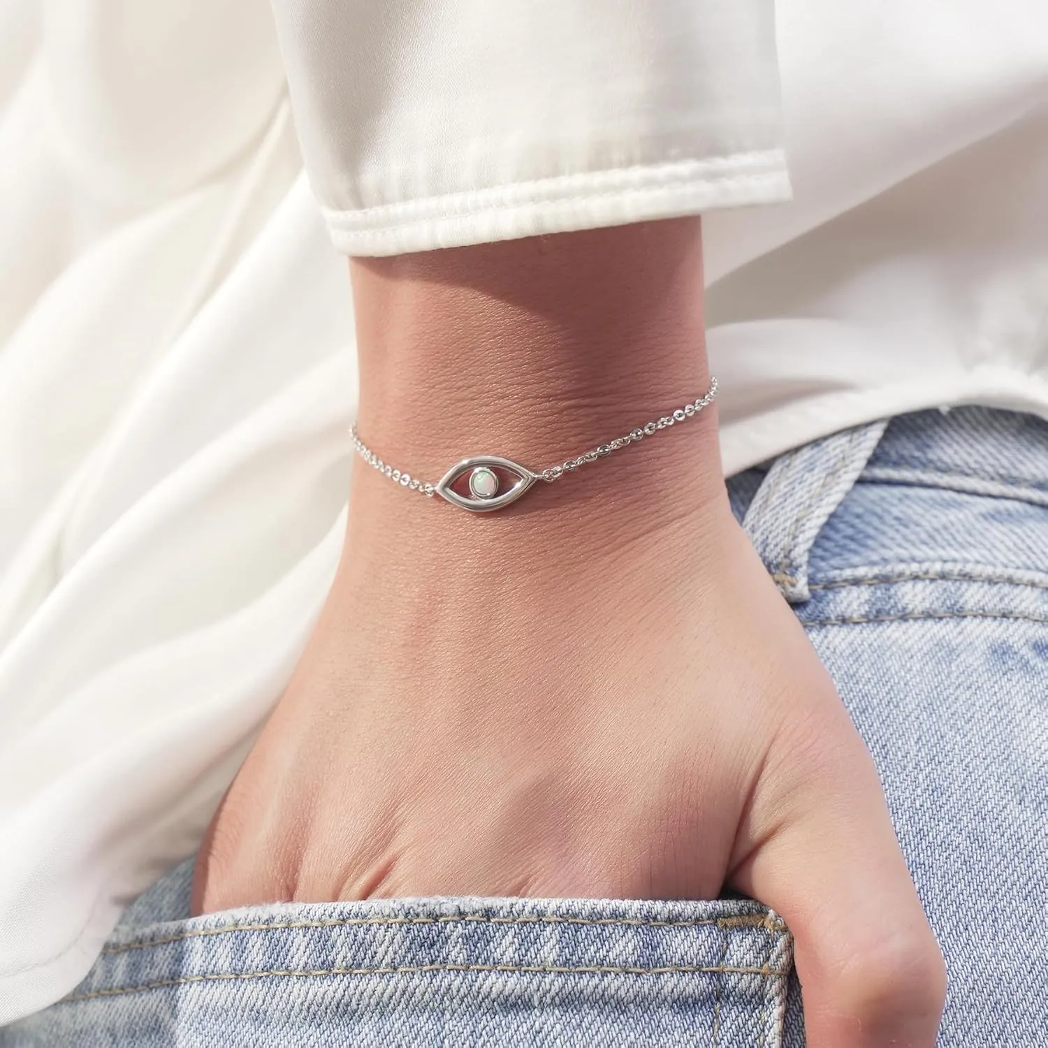 CHIC & ARTSY Opal Bracelet 925 Sterling Silver Synthetic Opal Bracelet Opal Butterfly, Stethoscope, Evil Eye, Cross, Bar, Infinity Bracelet for Women Adjustable Sister Friendship Bracelets Christmas Jewelry