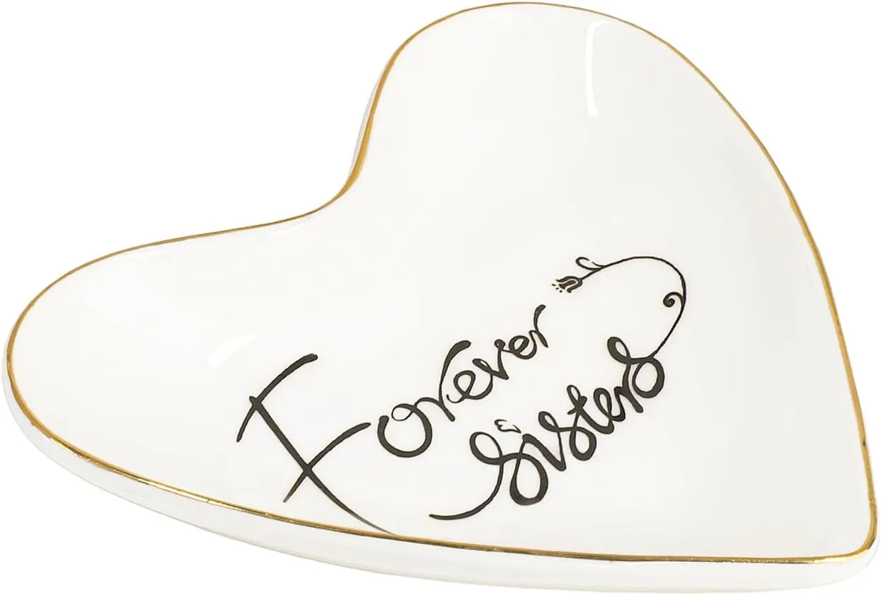 CHOOLD Ceramic Heart Shape Ring Dish Jewelry Tray Trinket Holder Home Decor for Wedding Birthday Valentine Day - Forever Sisters - 4 Inch