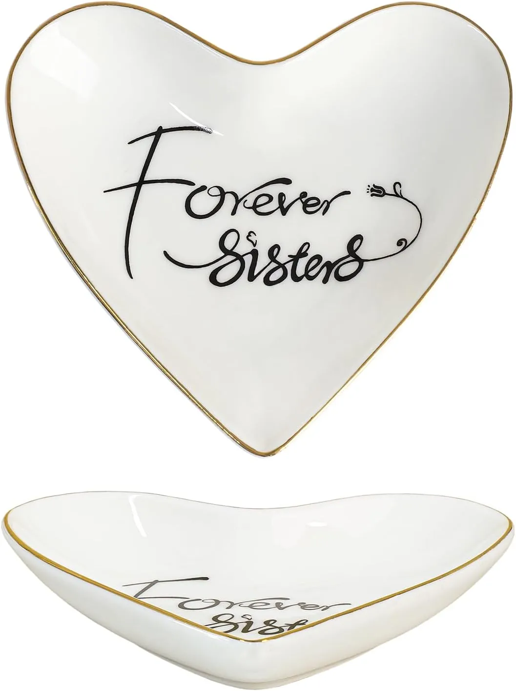 CHOOLD Ceramic Heart Shape Ring Dish Jewelry Tray Trinket Holder Home Decor for Wedding Birthday Valentine Day - Forever Sisters - 4 Inch