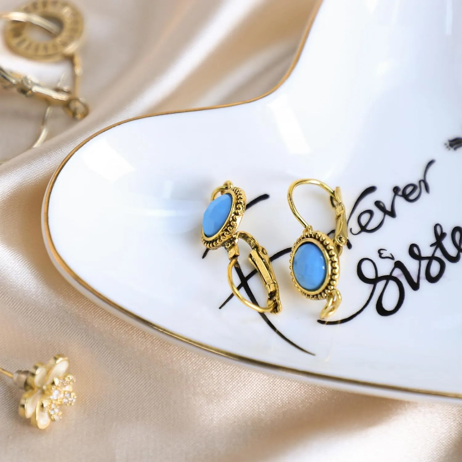 CHOOLD Ceramic Heart Shape Ring Dish Jewelry Tray Trinket Holder Home Decor for Wedding Birthday Valentine Day - Forever Sisters - 4 Inch