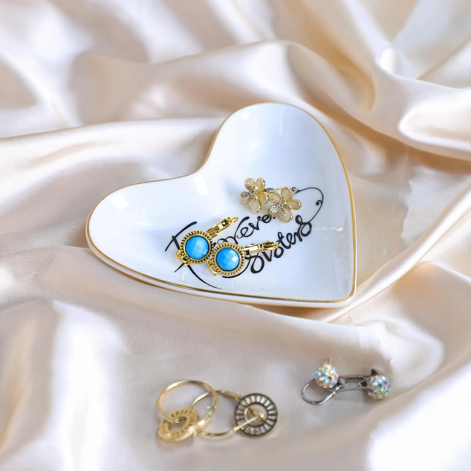 CHOOLD Ceramic Heart Shape Ring Dish Jewelry Tray Trinket Holder Home Decor for Wedding Birthday Valentine Day - Forever Sisters - 4 Inch