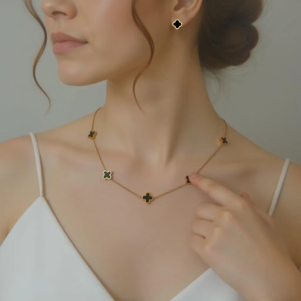 Clover Jewelry Set 18K Gold Plated Stainless Steel Necklace with Flower Design Four leaf clover for Women, Elegant Four Leaf Clover Necklace Floral Style Jewelry