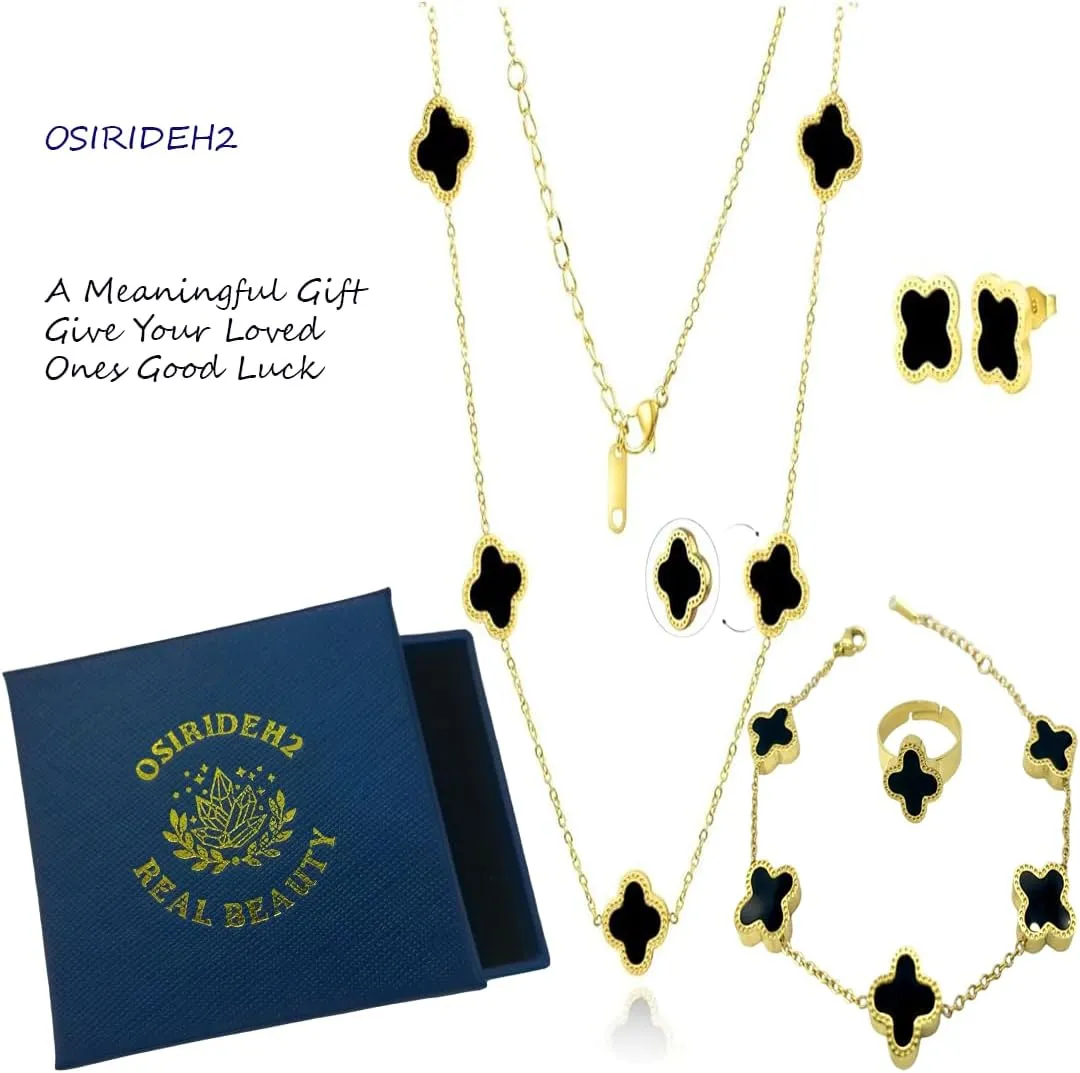 Clover Jewelry Set 18K Gold Plated Stainless Steel Necklace with Flower Design Four leaf clover for Women, Elegant Four Leaf Clover Necklace Floral Style Jewelry