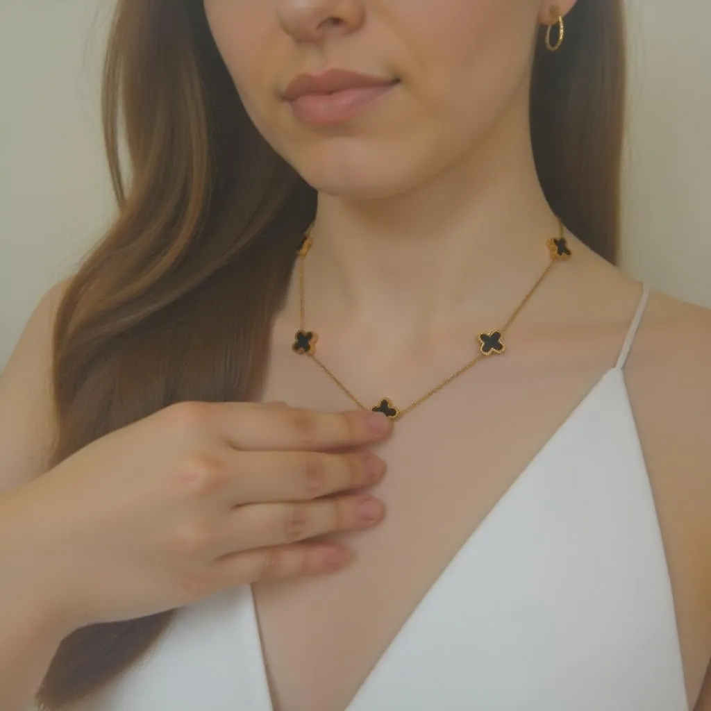 Clover Jewelry Set 18K Gold Plated Stainless Steel Necklace with Flower Design Four leaf clover for Women, Elegant Four Leaf Clover Necklace Floral Style Jewelry