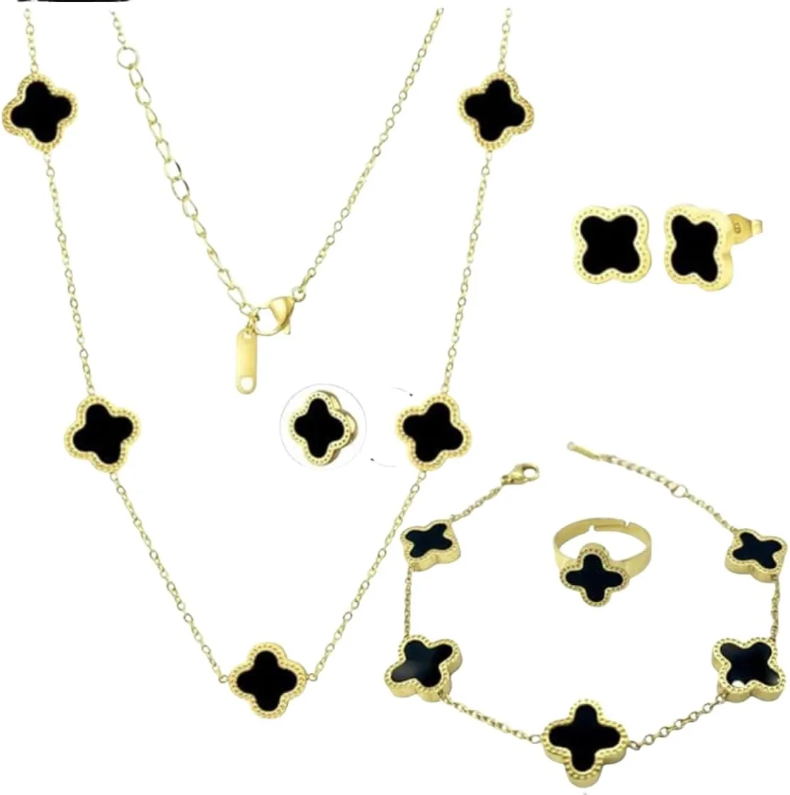 Clover Jewelry Set 18K Gold Plated Stainless Steel Necklace with Flower Design Four leaf clover for Women, Elegant Four Leaf Clover Necklace Floral Style Jewelry