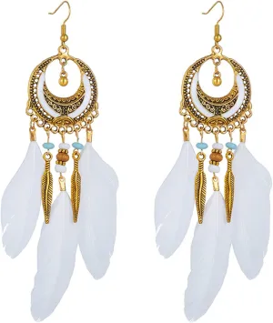 coadipress Boho Feather Earrings for Women Bohemian Fringe Tassel Long Drop Dangle Earrings Vintage Multicolor Tassel Feathers Earrings Handmade Natural Feather Earring Jewelry