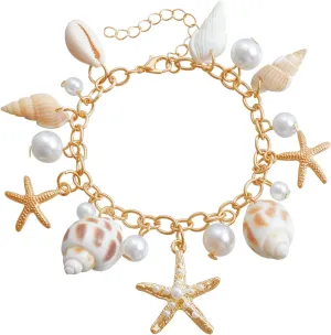 coadipress Starfish Shell Bracelet Trendy Bohemian Handmade Adjustable Shells Conch Pearl Charm Bracelets Hawaiian Ocean Summer Holiday Mermaid Costume Jewelry