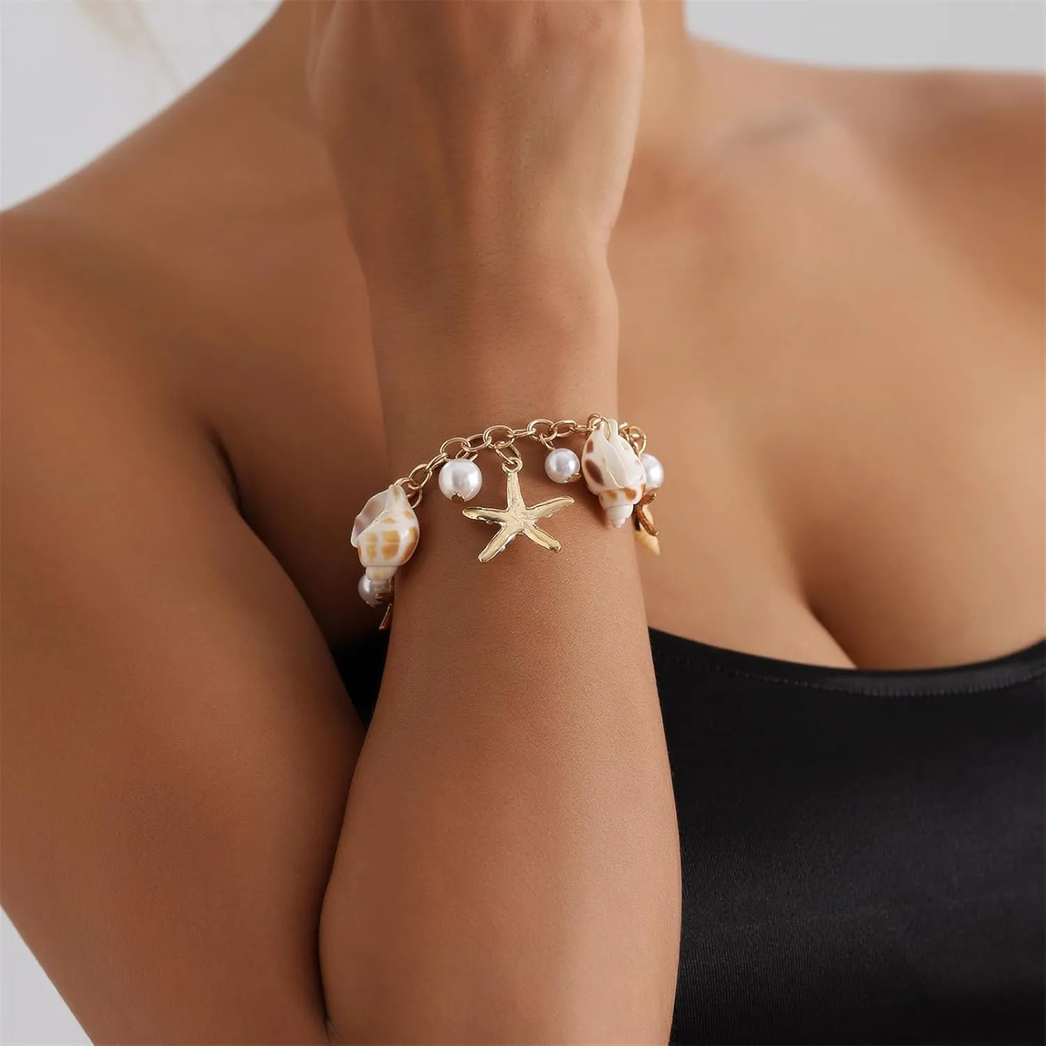coadipress Starfish Shell Bracelet Trendy Bohemian Handmade Adjustable Shells Conch Pearl Charm Bracelets Hawaiian Ocean Summer Holiday Mermaid Costume Jewelry
