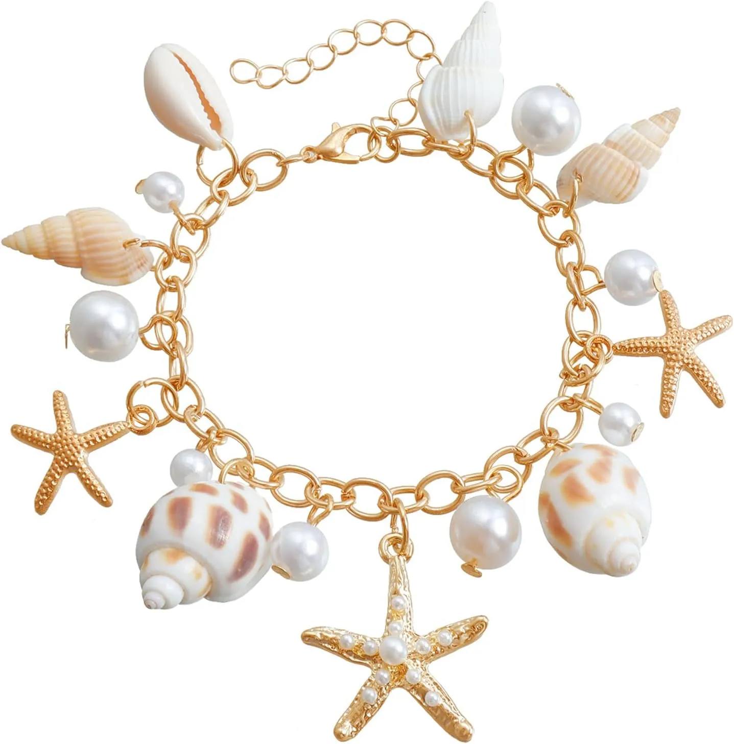 coadipress Starfish Shell Bracelet Trendy Bohemian Handmade Adjustable Shells Conch Pearl Charm Bracelets Hawaiian Ocean Summer Holiday Mermaid Costume Jewelry