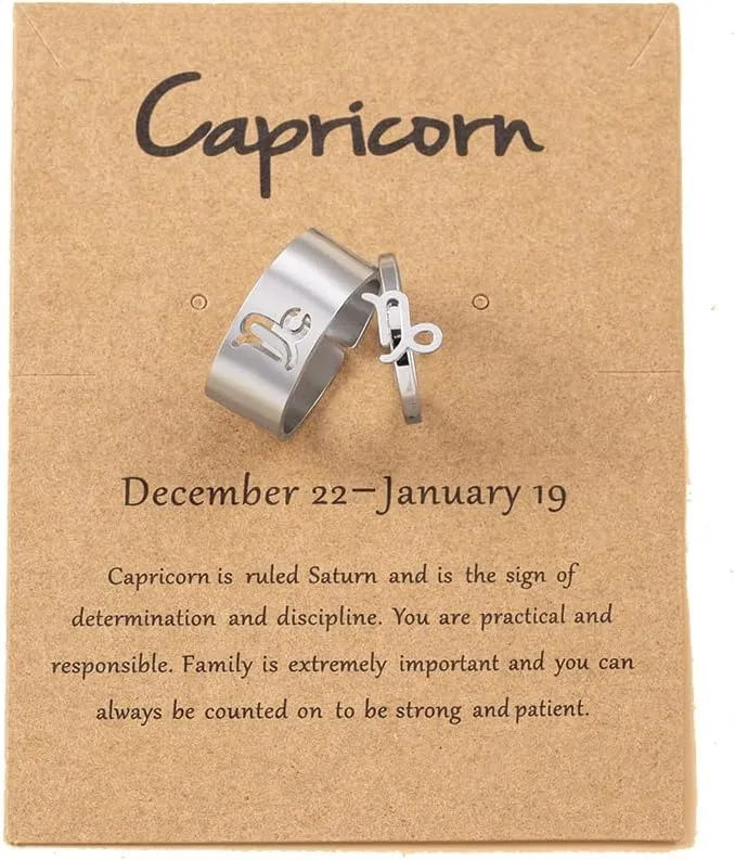COLORFUL BLING 12 Constellation Astrology Zodiac Sign Rings With Message Card for Women Men Silver Stainless Steel Matching Couple Rings Friendship Birthday Gifts