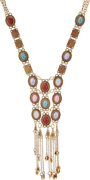COLORFUL BLING Boho Turquoise African Bib Necklace Collar Vintage Tribal Tassel Statement Y Shaped Necklace Bohemian Geometric Gypsy Jewelry for Women