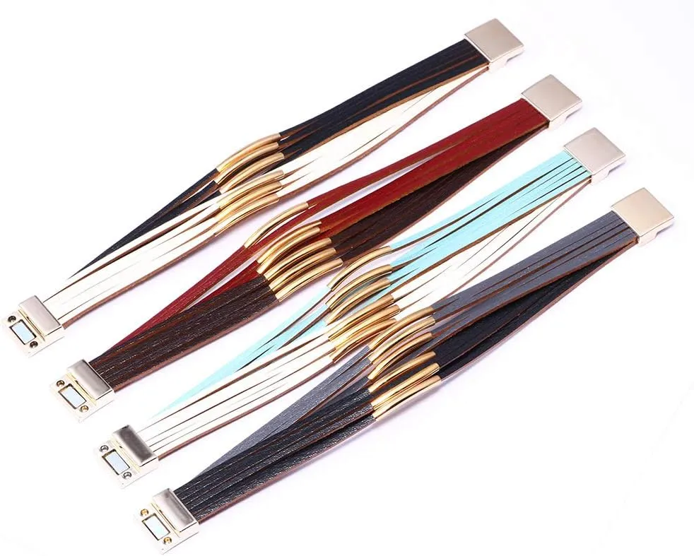 COLORFUL BLING Handmade Multi-Layer Leather Bracelet Braided Metal Stackable Cuff Bangle for Women Layered Wristband Armband Jewelry