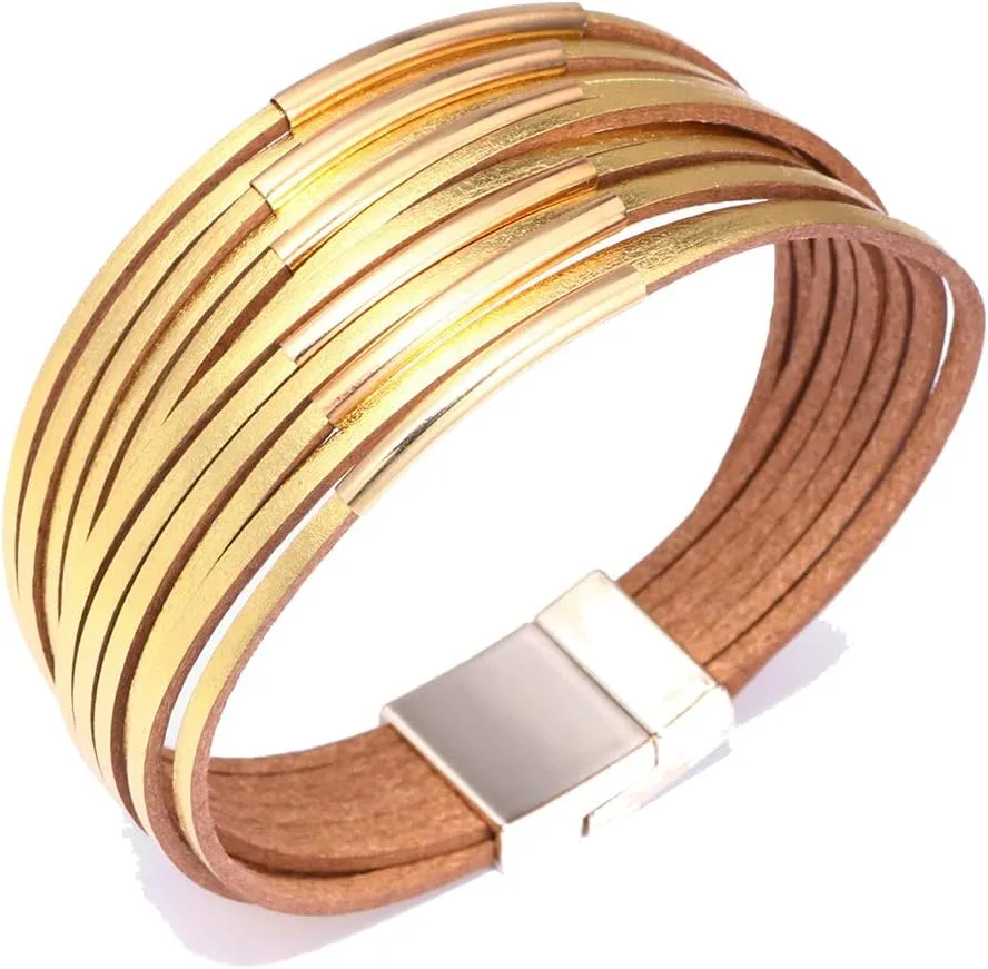 COLORFUL BLING Handmade Multi-Layer Leather Bracelet Braided Metal Stackable Cuff Bangle for Women Layered Wristband Armband Jewelry