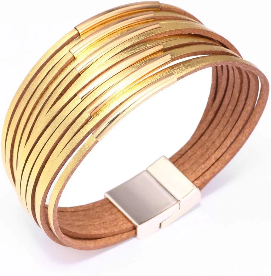 COLORFUL BLING Handmade Multi-Layer Leather Bracelet Braided Metal Stackable Cuff Bangle for Women Layered Wristband Armband Jewelry