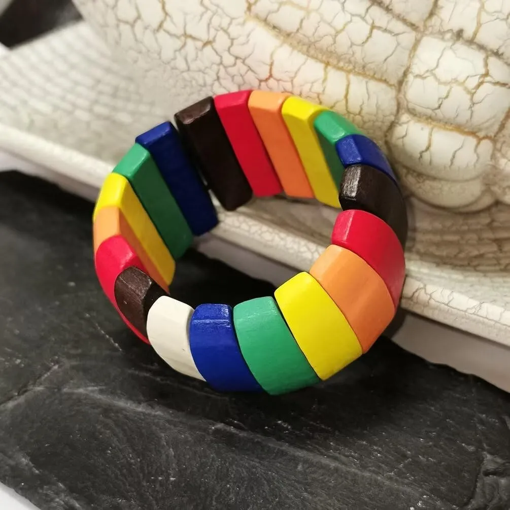 Colorful Wooden Beads Stretch Bracelet for Women Bohemian Wide Chunky Bangle Multi-Colored Bracelet Wood Elastic Wristband Jewelry