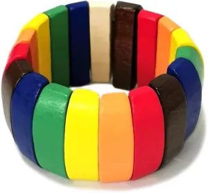 Colorful Wooden Beads Stretch Bracelet for Women Bohemian Wide Chunky Bangle Multi-Colored Bracelet Wood Elastic Wristband Jewelry