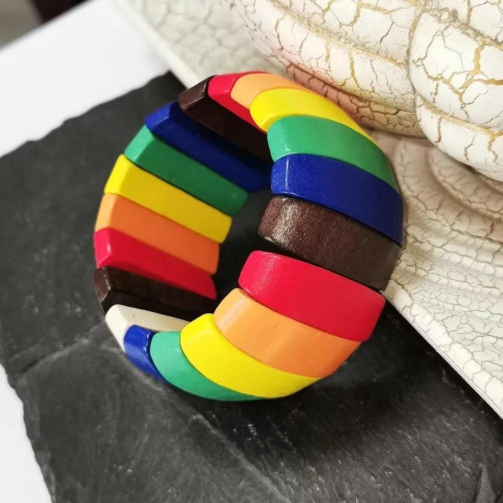 Colorful Wooden Beads Stretch Bracelet for Women Bohemian Wide Chunky Bangle Multi-Colored Bracelet Wood Elastic Wristband Jewelry