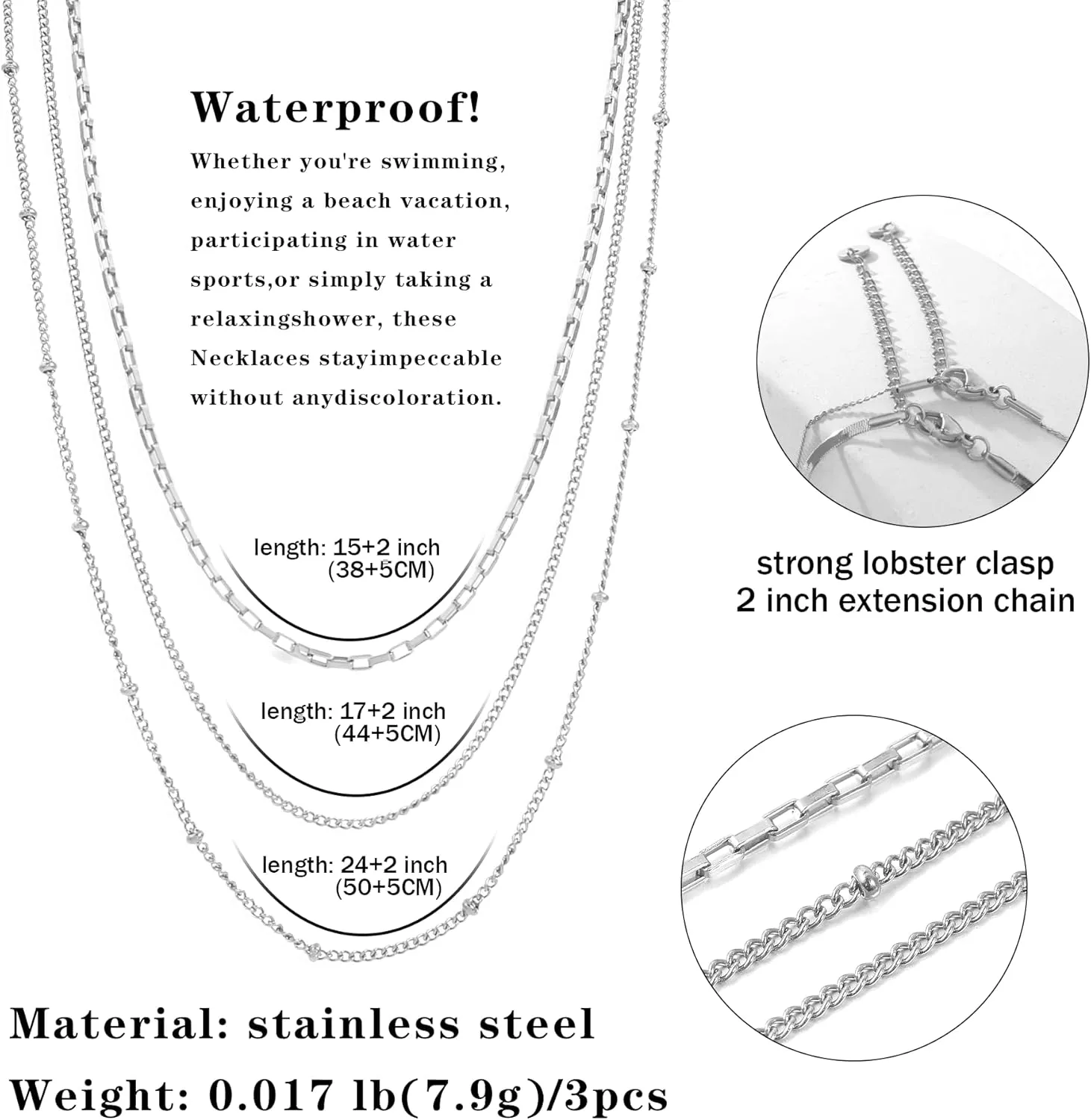 CONRAN KREMIX Waterproof Silver Chain Necklace Set for Women Non Tarnish,Stainless Steel Dainty Layered Thin Necklace Stack for Women Gifts Jewelry