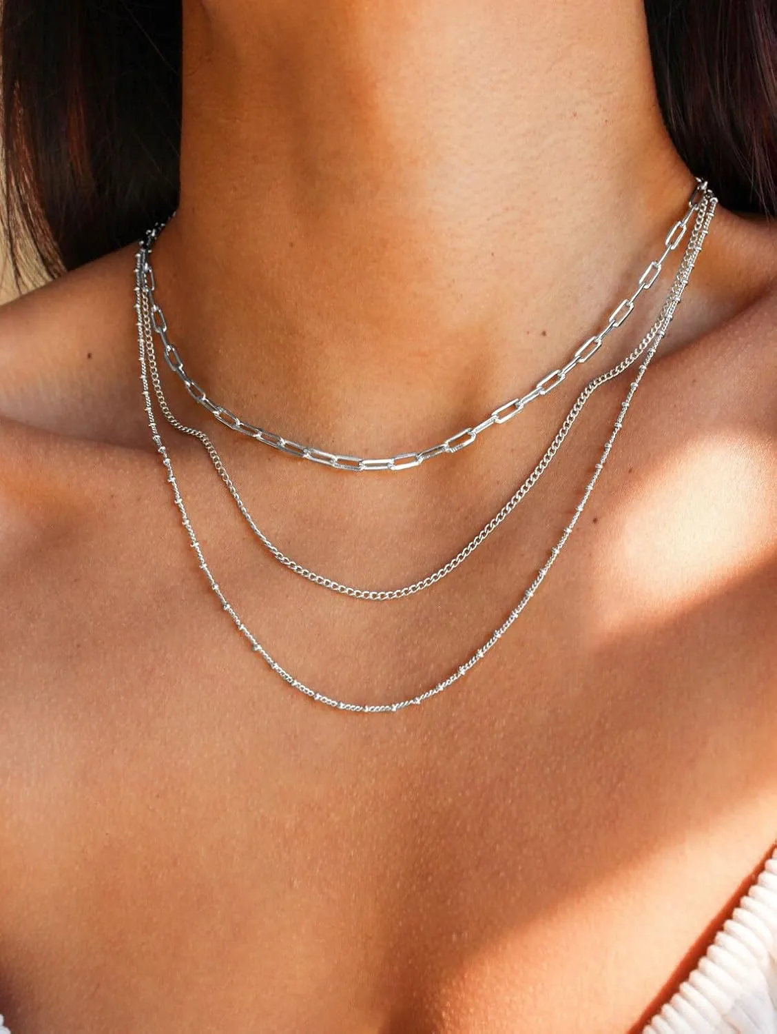 CONRAN KREMIX Waterproof Silver Chain Necklace Set for Women Non Tarnish,Stainless Steel Dainty Layered Thin Necklace Stack for Women Gifts Jewelry