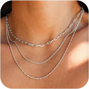 CONRAN KREMIX Waterproof Silver Chain Necklace Set for Women Non Tarnish,Stainless Steel Dainty Layered Thin Necklace Stack for Women Gifts Jewelry