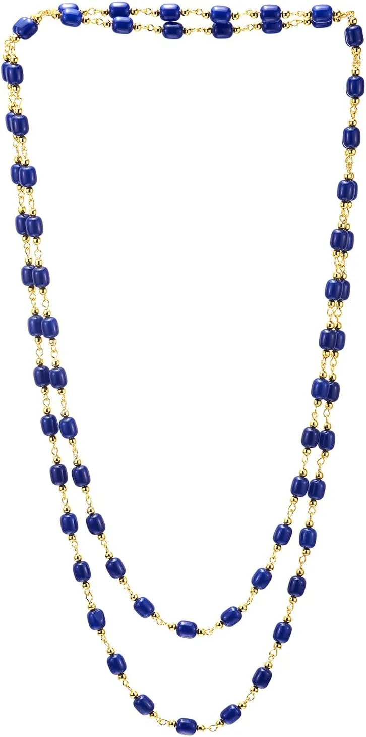 COOLSTEELANDBEYOND Boho Bohemian, Layered Long Necklace with Blue Beads, Gold Chain Statement Necklace