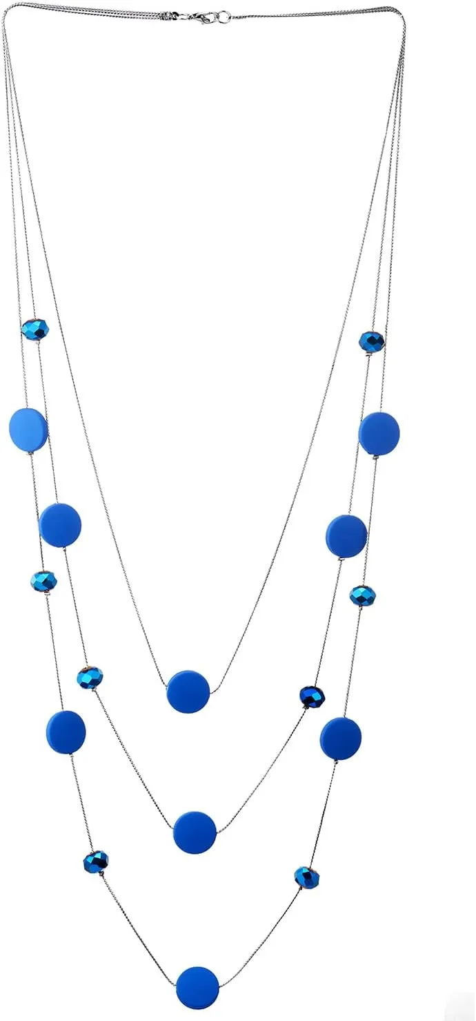 COOLSTEELANDBEYOND Boho Bohemian, Layered Long Necklace with Blue Faceted Crystal Beads, Statement Necklace