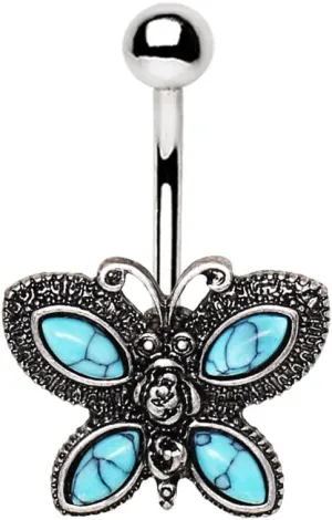 Covet Jewelry 316L Stainless Steel Antique Turquoise Butterfly Navel Ring