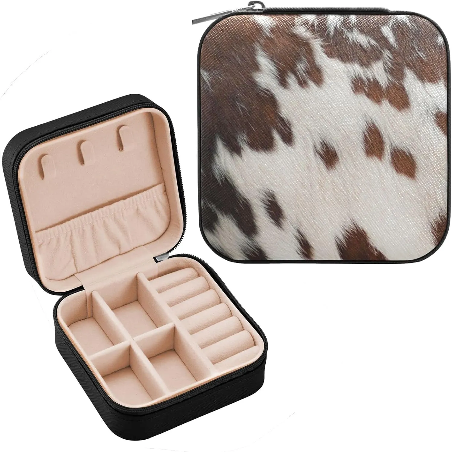 Cowhide Printed Jewelry Box Organizer Travel Jewelry Case Small Jewelry Storage Holder for Ring Pendant Earring Necklace Bracelet, Gift for Women Girls