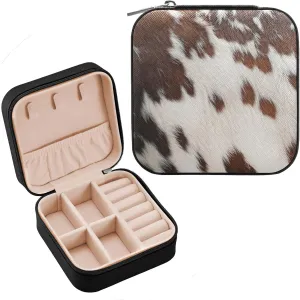Cowhide Printed Jewelry Box Organizer Travel Jewelry Case Small Jewelry Storage Holder for Ring Pendant Earring Necklace Bracelet, Gift for Women Girls