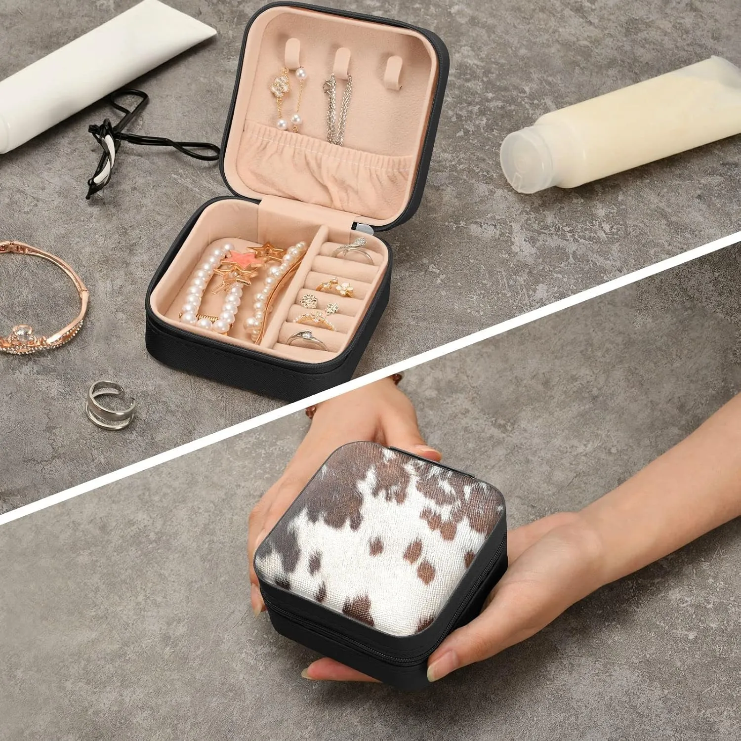 Cowhide Printed Jewelry Box Organizer Travel Jewelry Case Small Jewelry Storage Holder for Ring Pendant Earring Necklace Bracelet, Gift for Women Girls