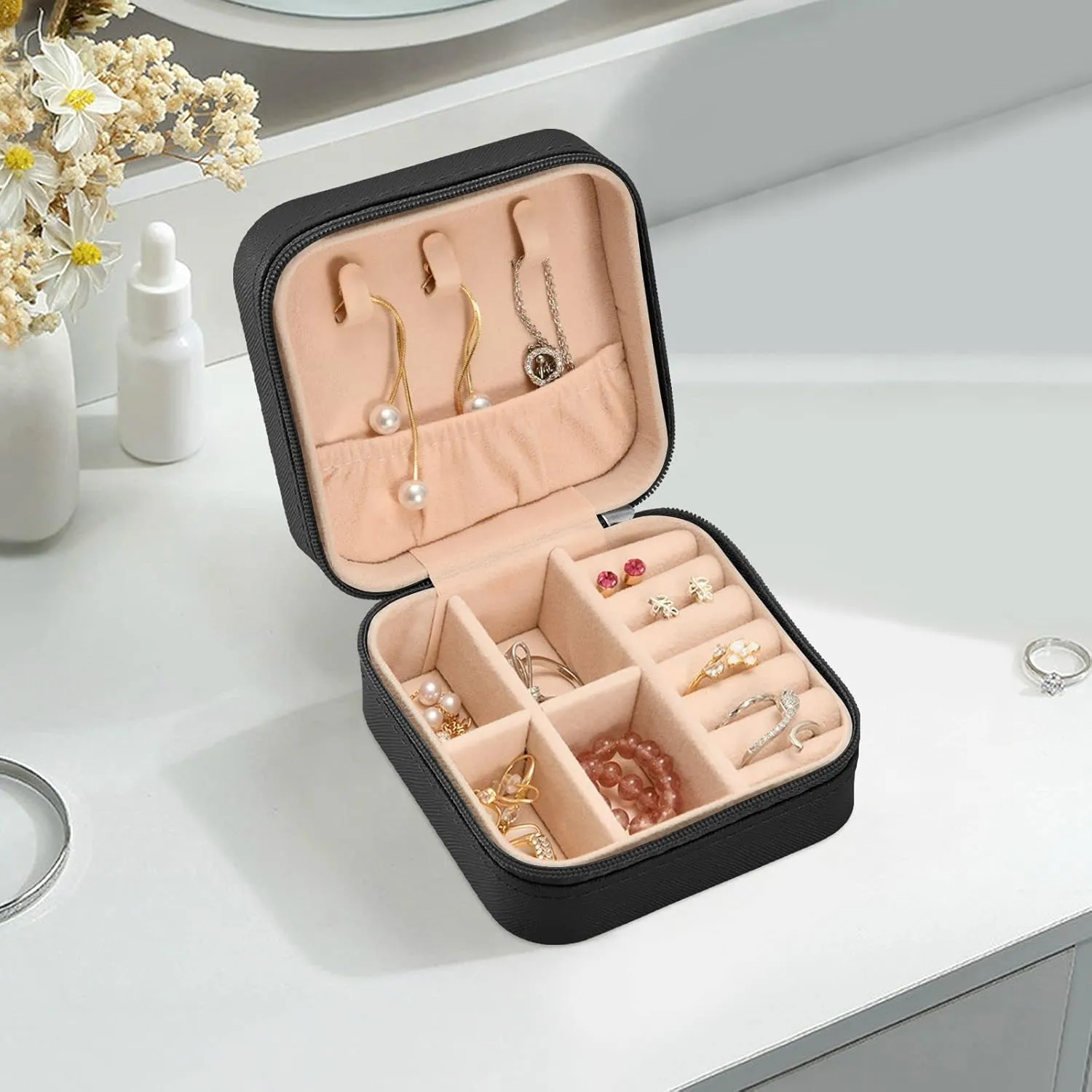 Cowhide Printed Jewelry Box Organizer Travel Jewelry Case Small Jewelry Storage Holder for Ring Pendant Earring Necklace Bracelet, Gift for Women Girls
