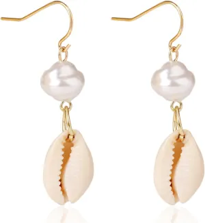 Cowrie Shell Earrings for Women,Natural White Shell Pearl Dangle Earrings Bohemian Summer Beach Seashell Earrings Jewelry Gifts