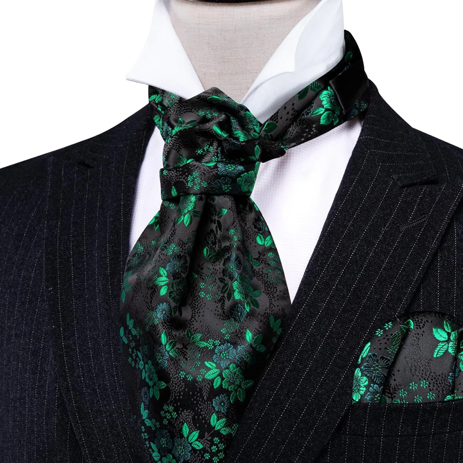Cravat Tie and Lapel Pin Set Mens Solid Color Paisley Ascot Silk Handkerchief Cufflinks Wedding