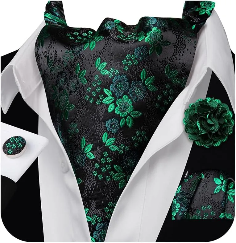 Cravat Tie and Lapel Pin Set Mens Solid Color Paisley Ascot Silk Handkerchief Cufflinks Wedding