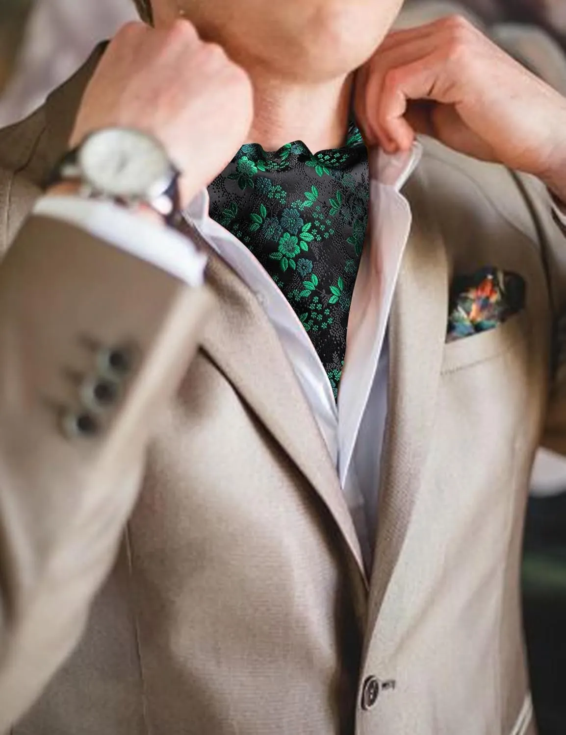 Cravat Tie and Lapel Pin Set Mens Solid Color Paisley Ascot Silk Handkerchief Cufflinks Wedding