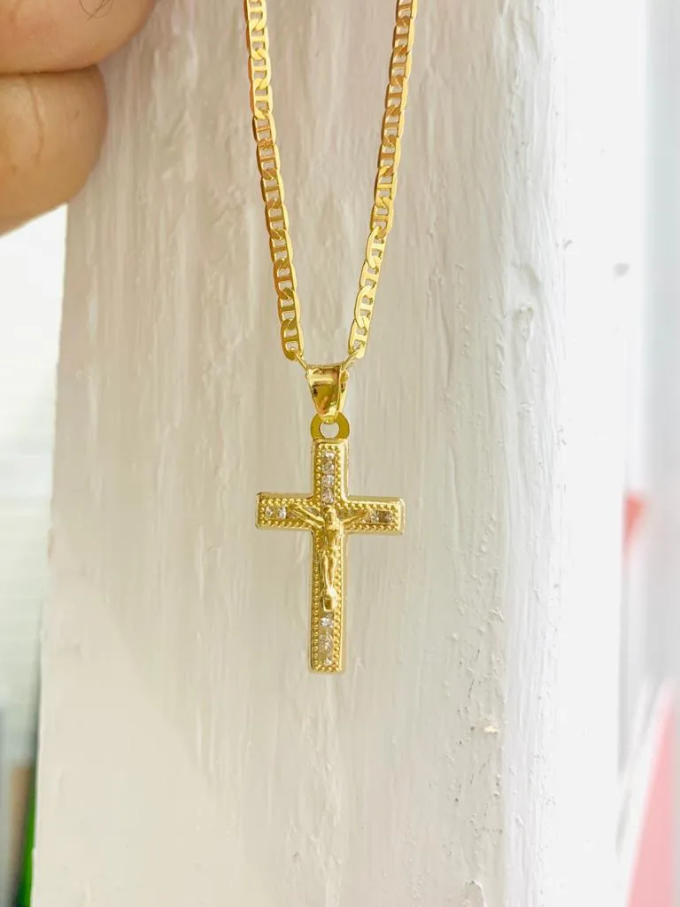Cross CZ Pendant necklace Kids Mens Womens Charm Protection Religious Jewelry 24x14mm Mariner Chain