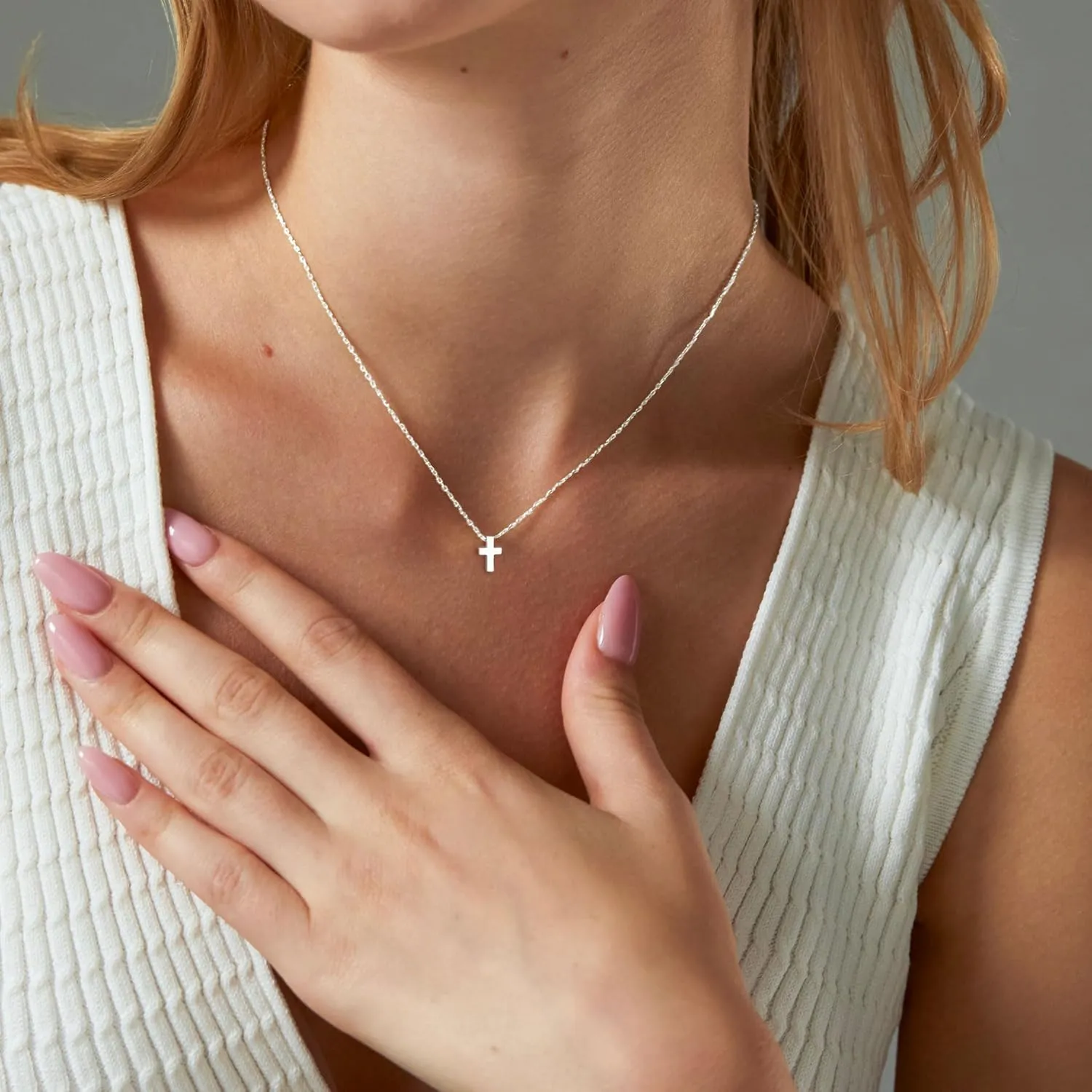 Cross Necklace, 14K Gold Plated Box Chain Cross Pendant Necklace Dainty Simple Silver Cross Tiny Necklace for Women